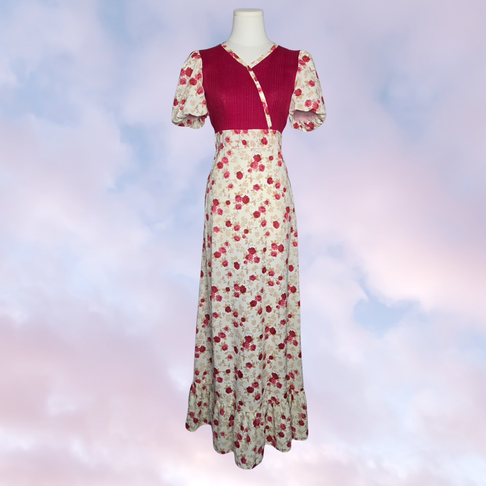60s Vtg Handmade Long Maxi Prairie Cottage Red Cream Empire Waist Dress Sz XS
